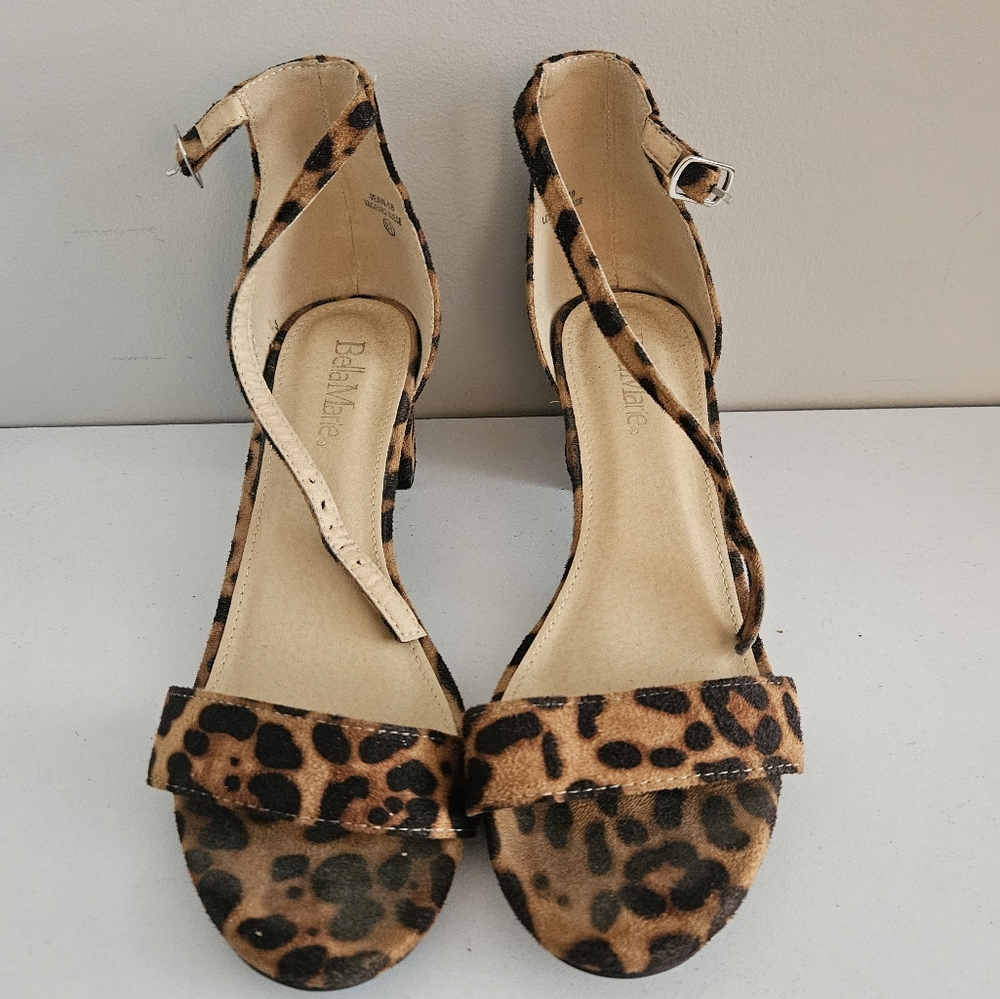 Bella Marie Leopard Faux Suede Ankle-Strap Open Toe Block Heel Sandal- Size 8.5 - Picture 1 of 5
